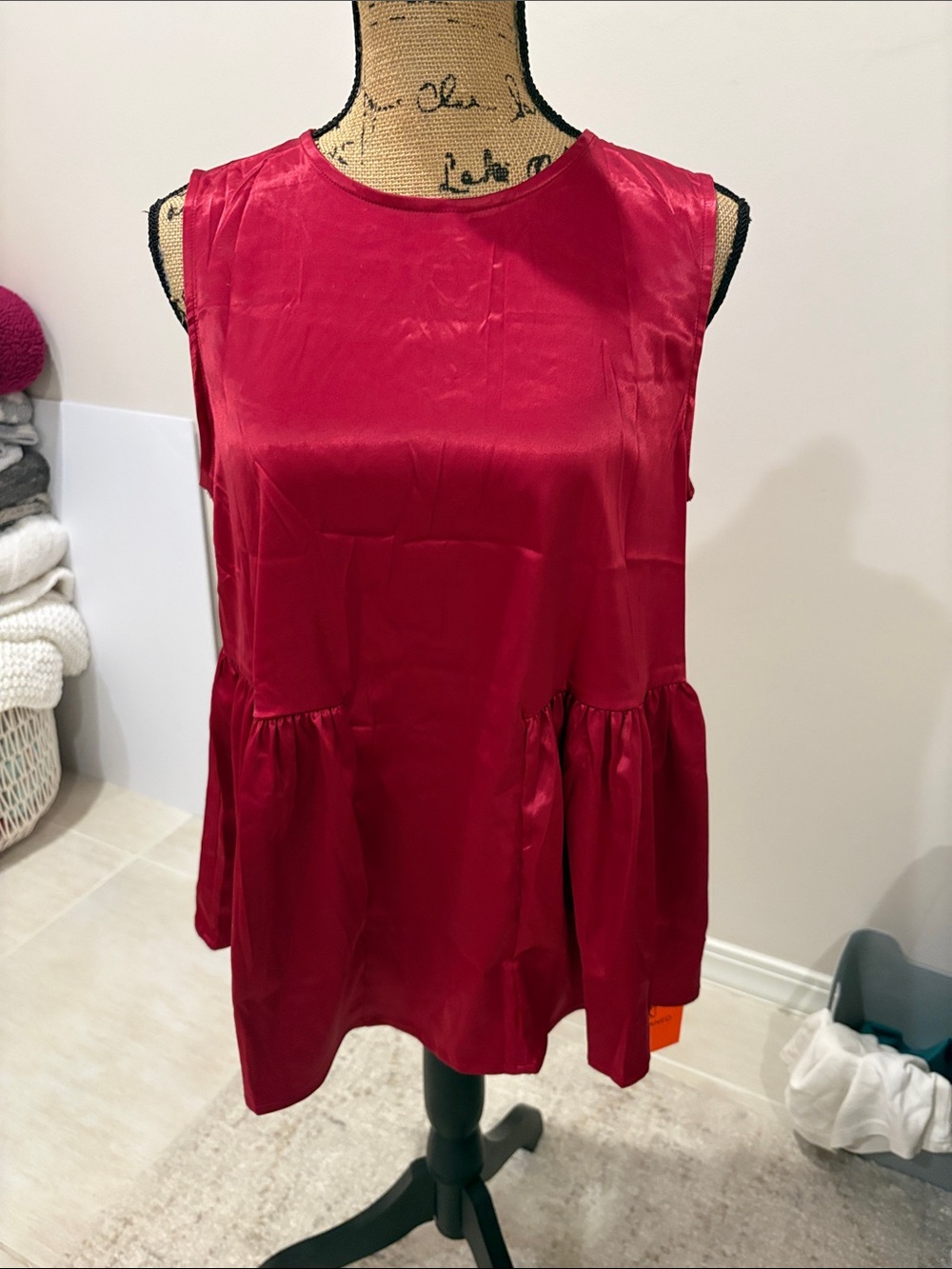 Sleeveless Satin Peplum Tunic in Deep Red